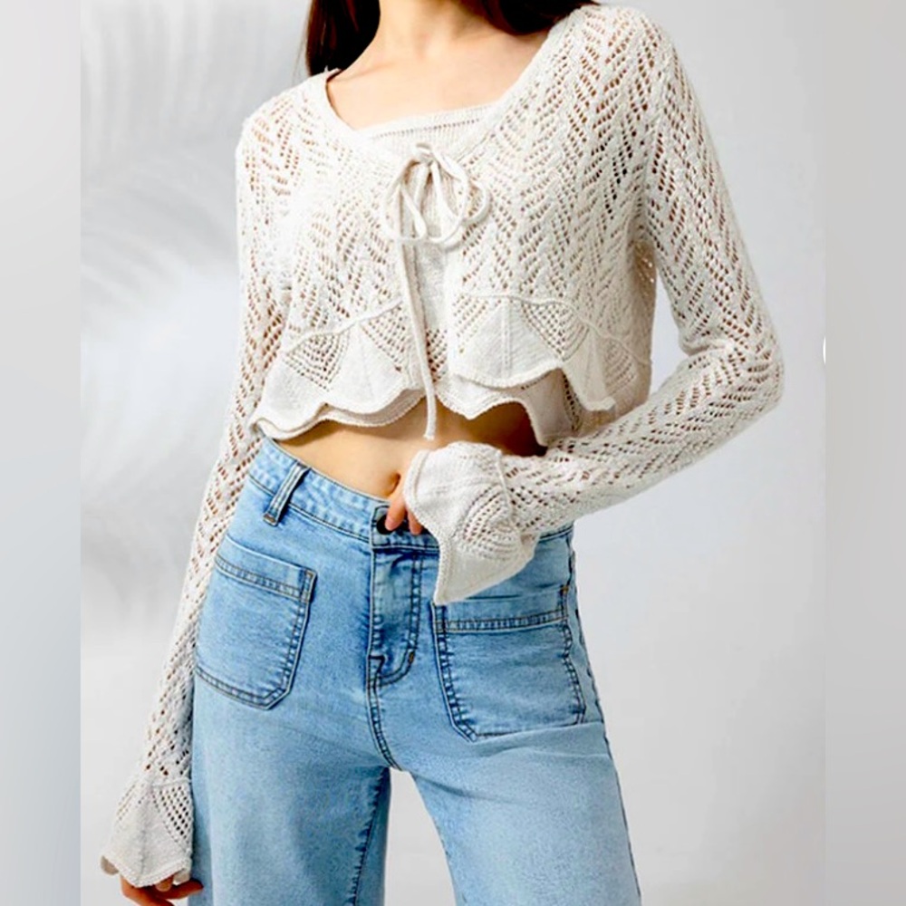 Frye Tie Front Pointelle Knit Cropped Sweater